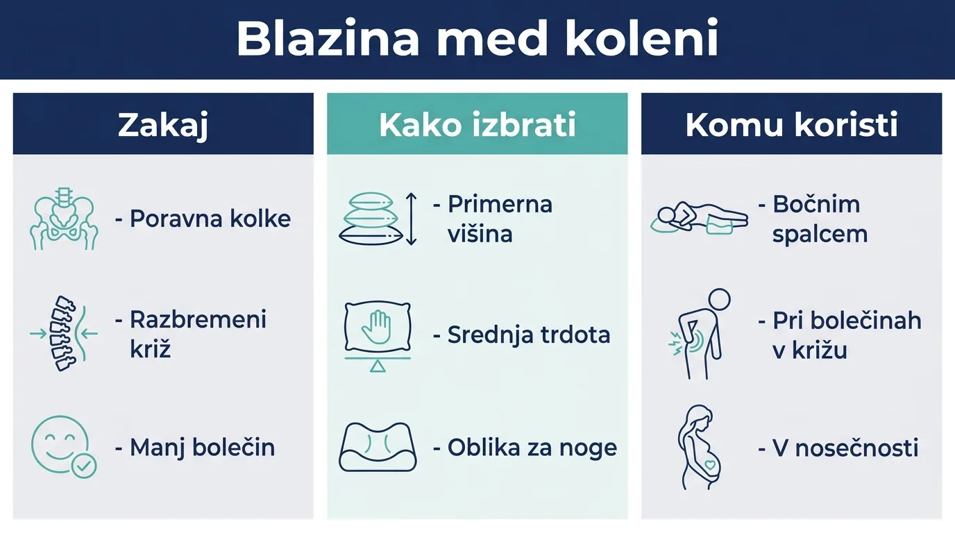 Infografika prikazuje, zakaj bočni spalci potrebujejo blazino med koleni, kako jo izberejo in komu najbolj koristi.