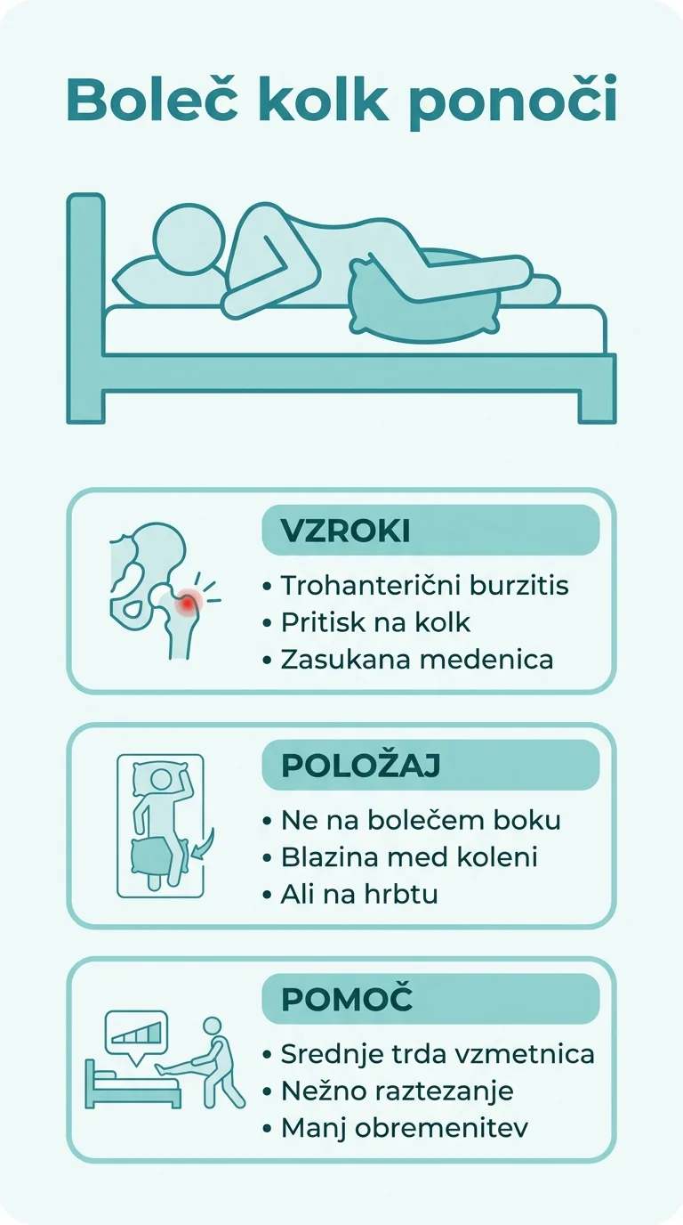 Infografika prikazuje vzroke nočne bolečine v kolku, najboljši spalni položaj z blazino med koleni in ukrepe za olajšanje.