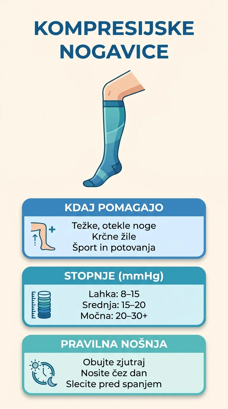 Infografika o kompresijskih nogavicah: kdaj pomagajo, katere stopnje kompresije v mmHg obstajajo in kako jih pravilno nositi.