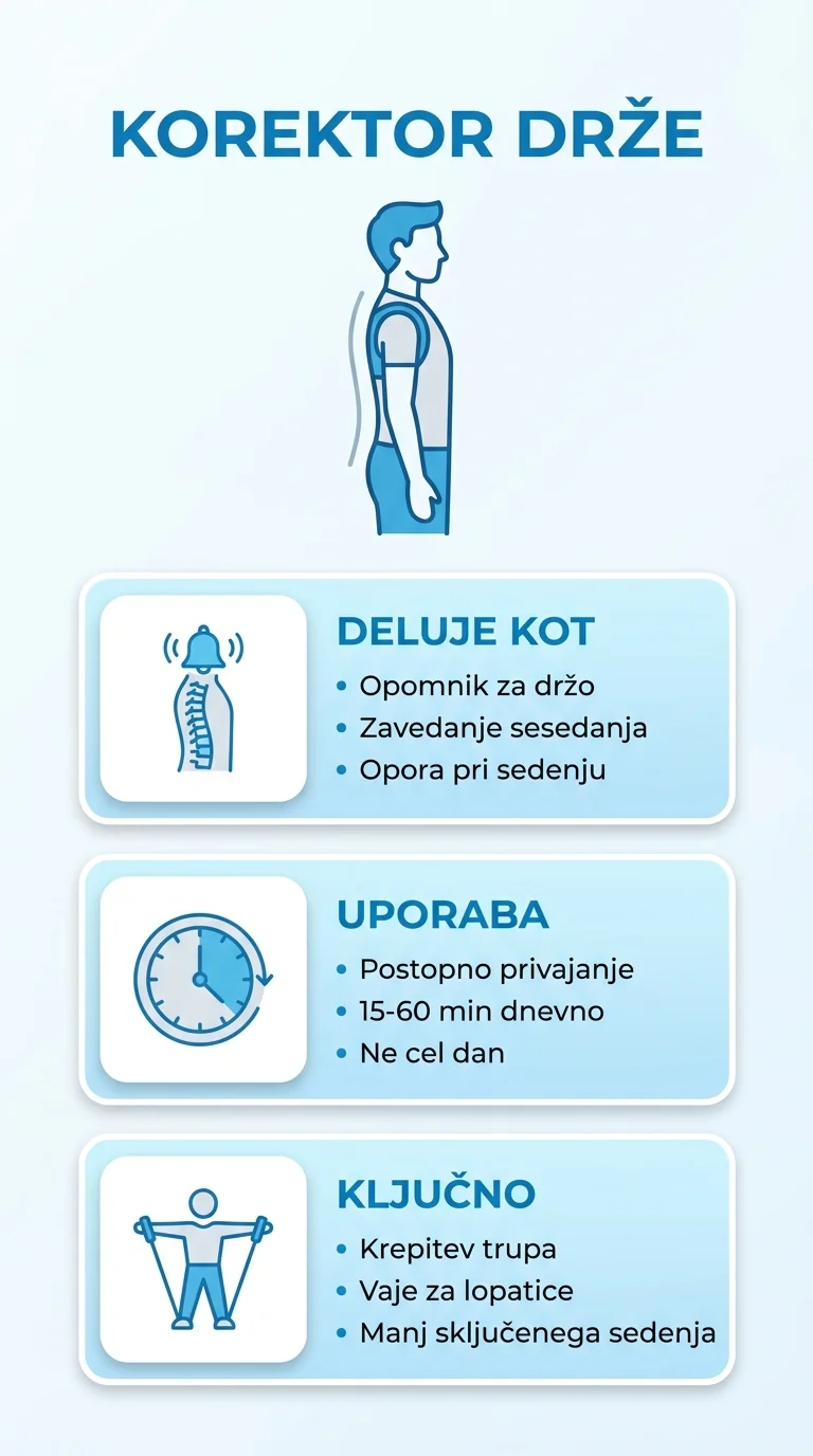 Infografika o korektorju drže: kako deluje kot opomnik, kako ga uporabljati postopno in katere vaje krepijo držo.