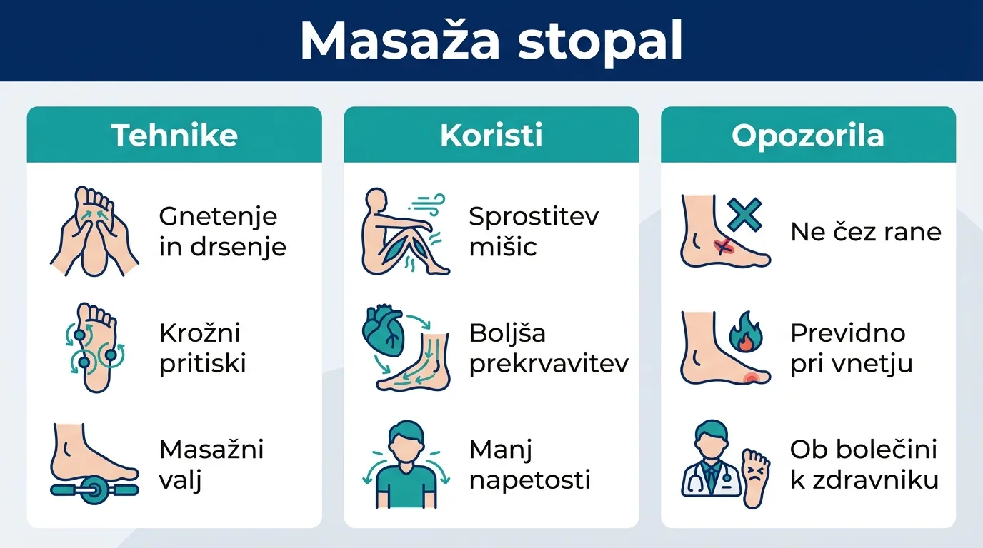 Infografika masaže stopal: glavne tehnike, koristi za sprostitev in varnostna opozorila.