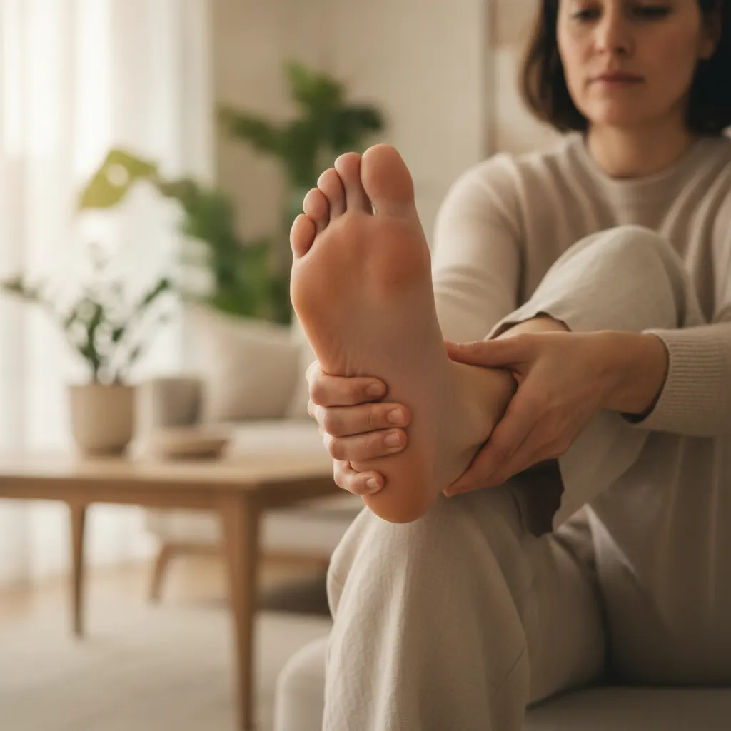 Masaža stopalnega loka s palci pomaga sprostiti napeto plantarno fascijo pri plantarnem fasciitisu.
