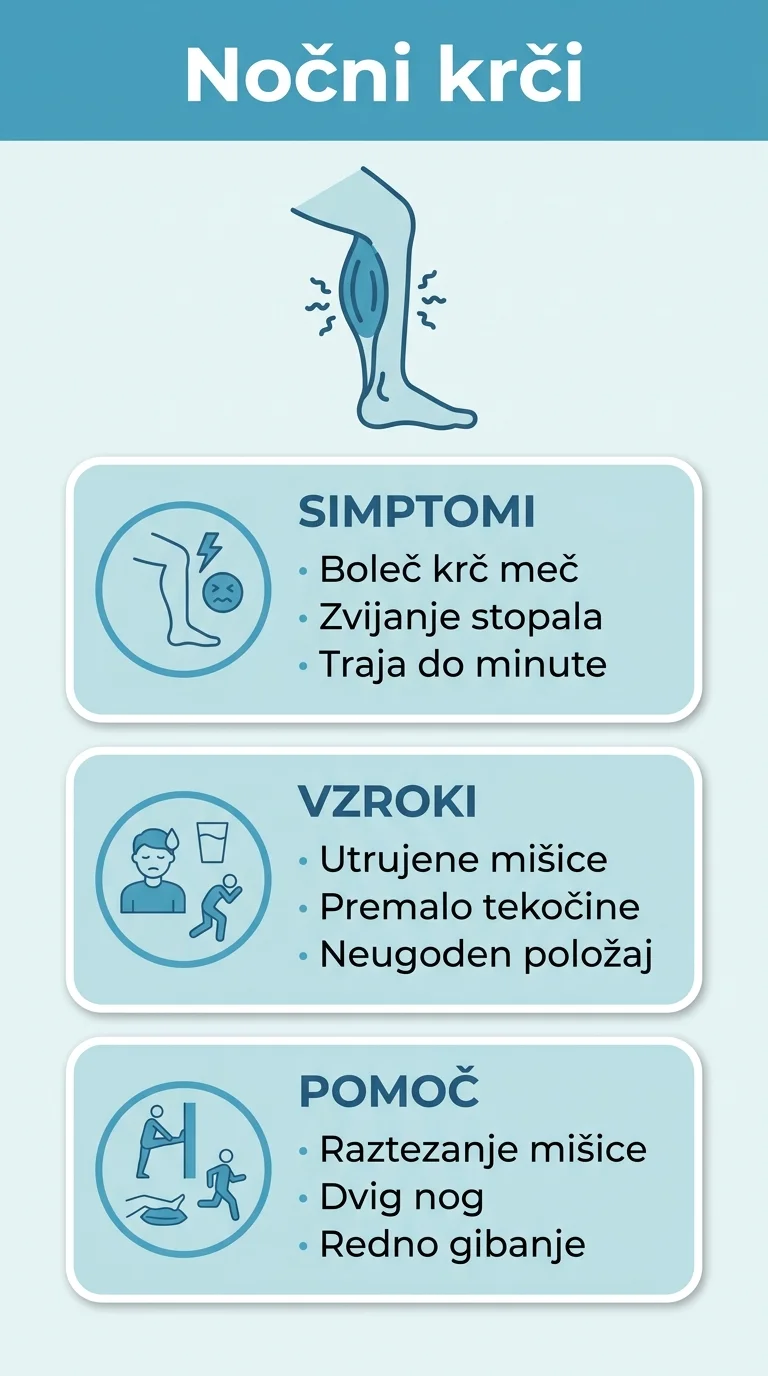 Infografika o nočnih krčih v nogah: simptomi, vzroki in kaj pomaga.