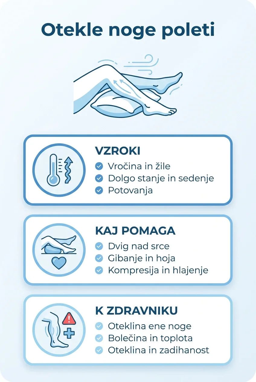 Infografika o oteklih nogah poleti prikazuje vzroke, kaj pomaga in kdaj k zdravniku.