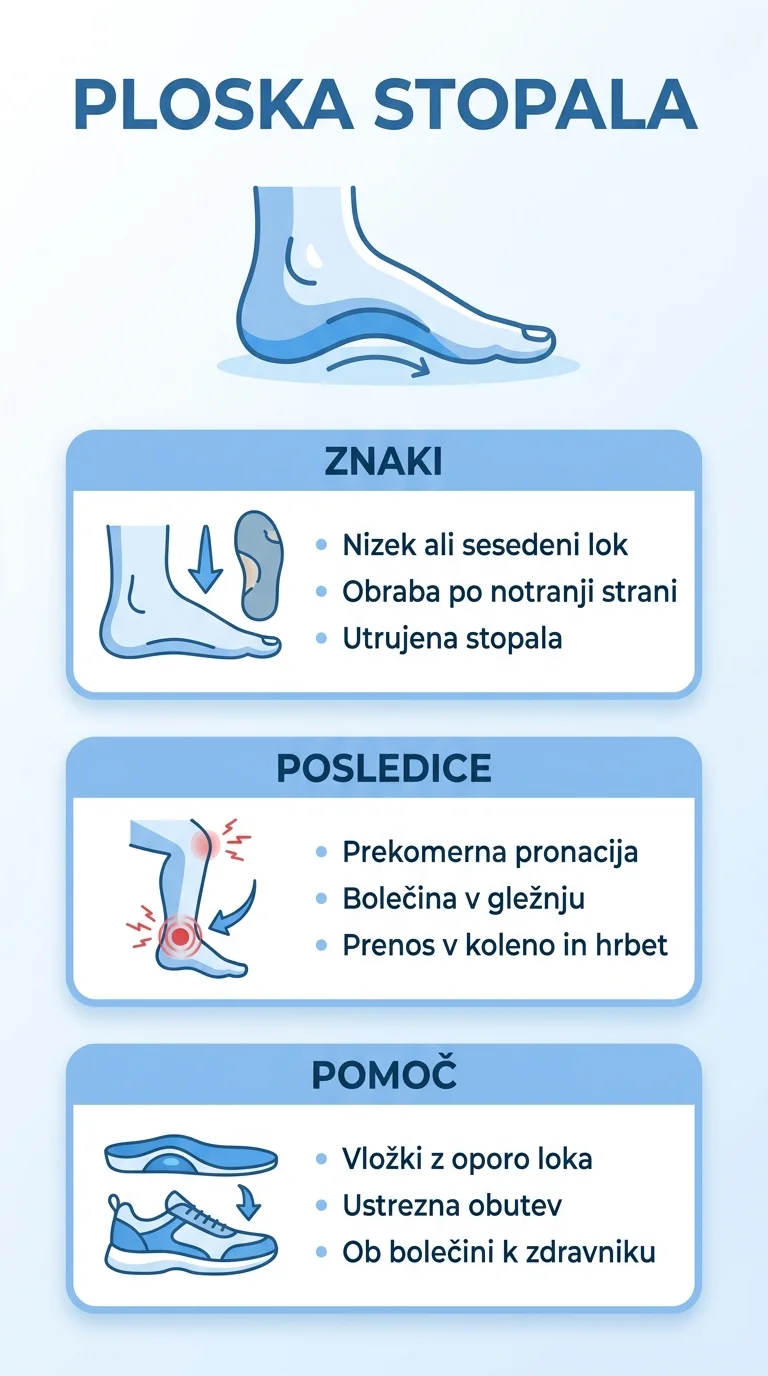 Infografika o ploskih stopalih pri odraslih z znaki, posledicami prekomerne pronacije in možnostmi pomoči z vložki.