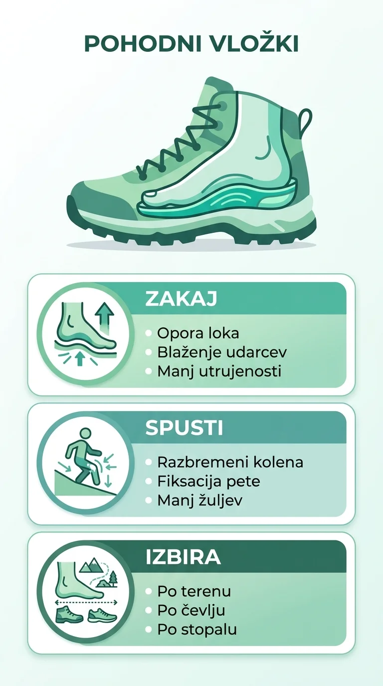 Infografika o pohodnih vložkih: opora stopalnega loka in blaženje, razbremenitev kolen pri spustih ter izbira vložka glede na teren, čevelj in tip stopala.