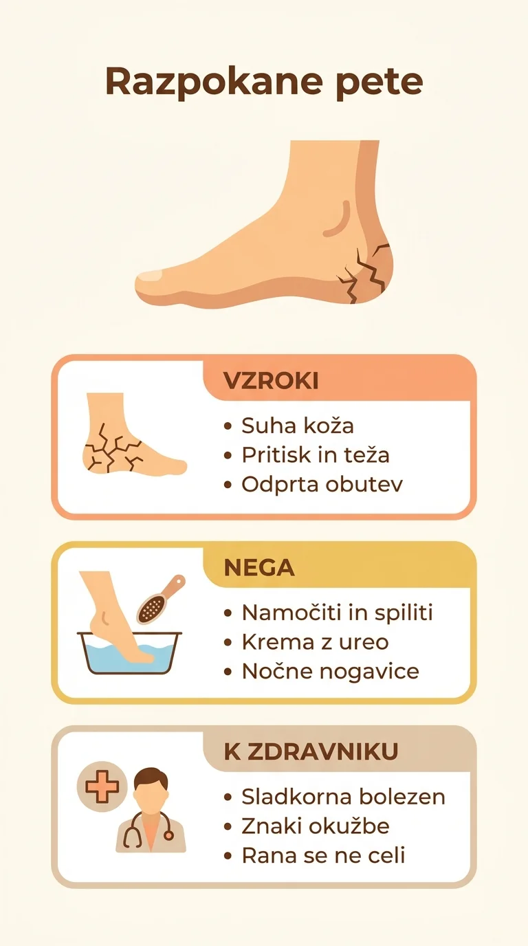Infografika o razpokanih petah: glavni vzroki, koraki domače nege in znaki za obisk zdravnika.