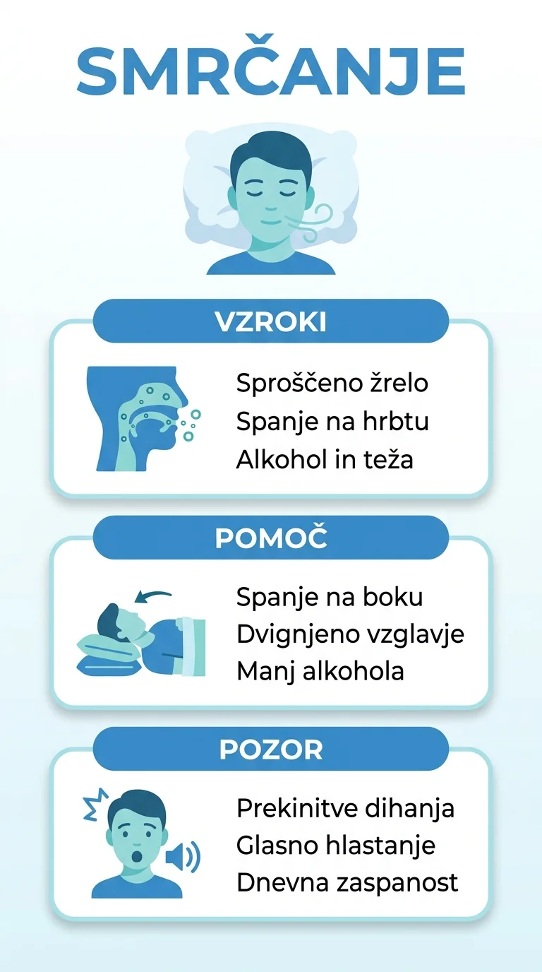 Infografika o smrčanju prikazuje glavne vzroke, ukrepe za manj smrčanja in opozorilne znake spalne apneje.