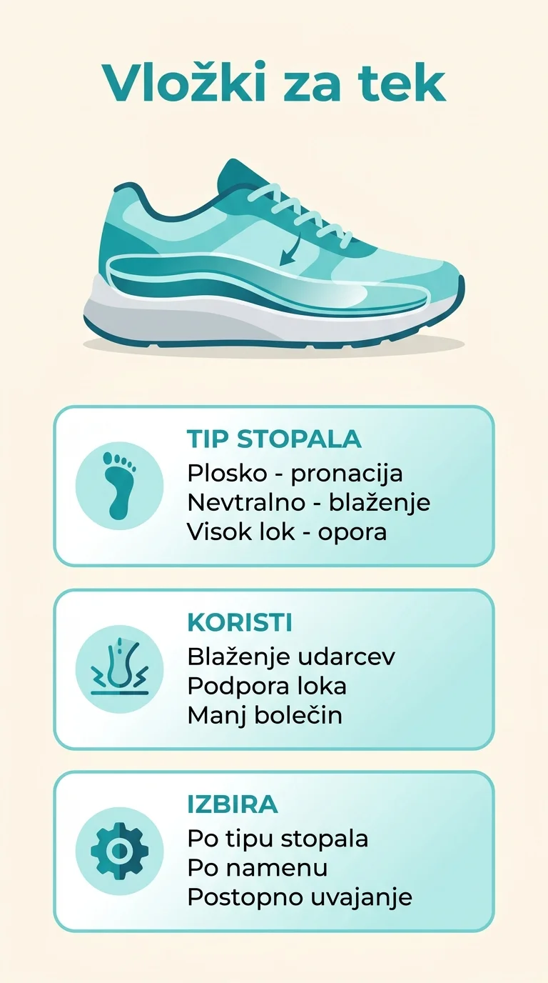 Infografika prikazuje, kako izbrati ortopedske vložke za tek glede na tip stopala, njihove koristi in postopek uvajanja.