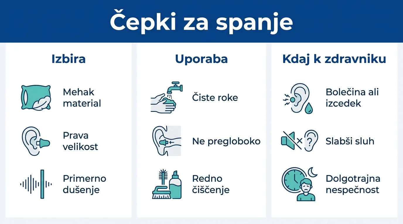Infografika o izbiri in varni uporabi čepkov za ušesa za spanje