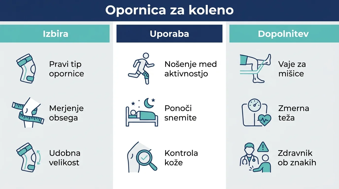Infografika o izbiri, uporabi in dopolnilnih ukrepih pri opornici za koleno