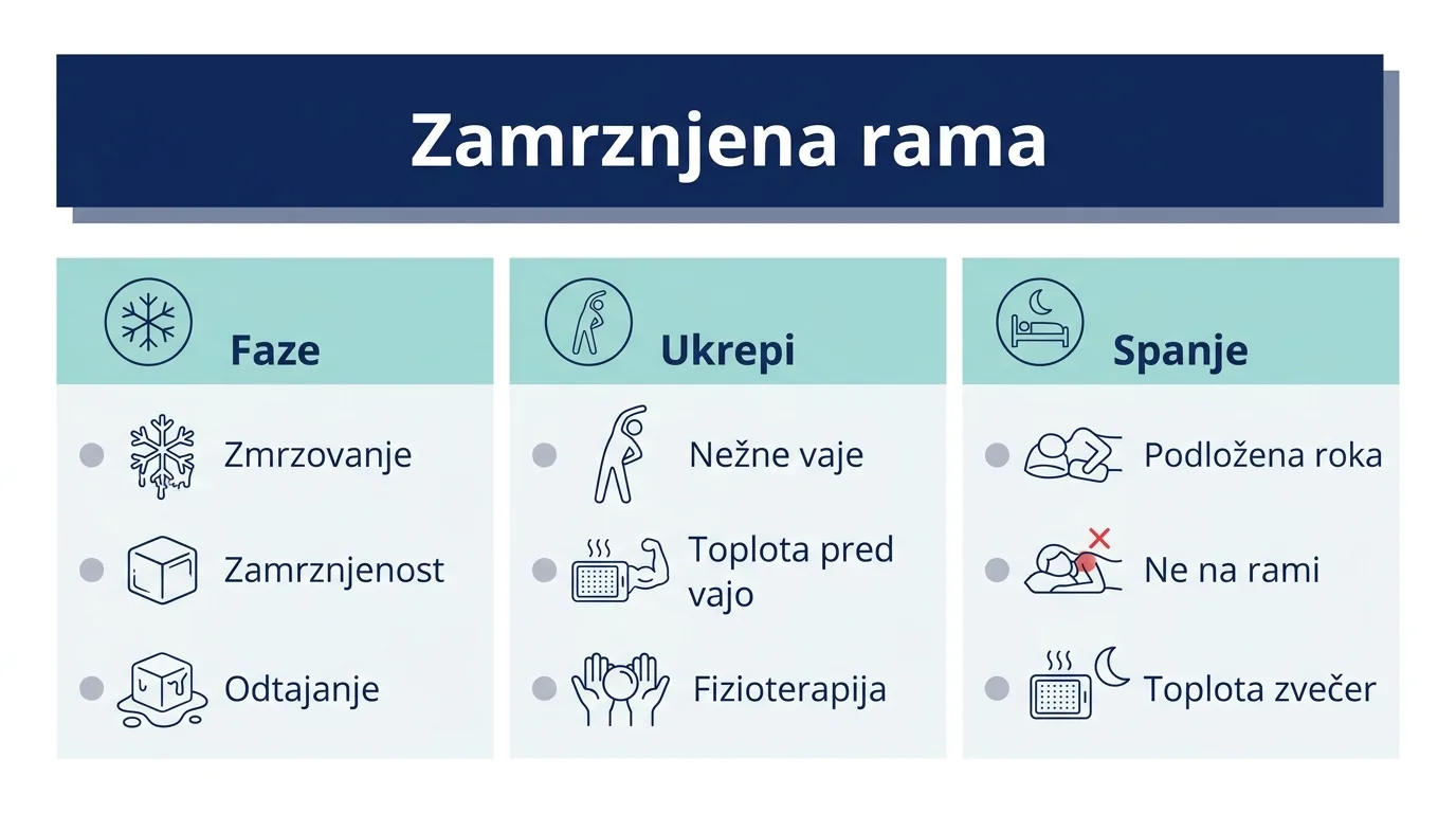 Infografika o fazah, ukrepih in spanju pri zamrznjeni rami
