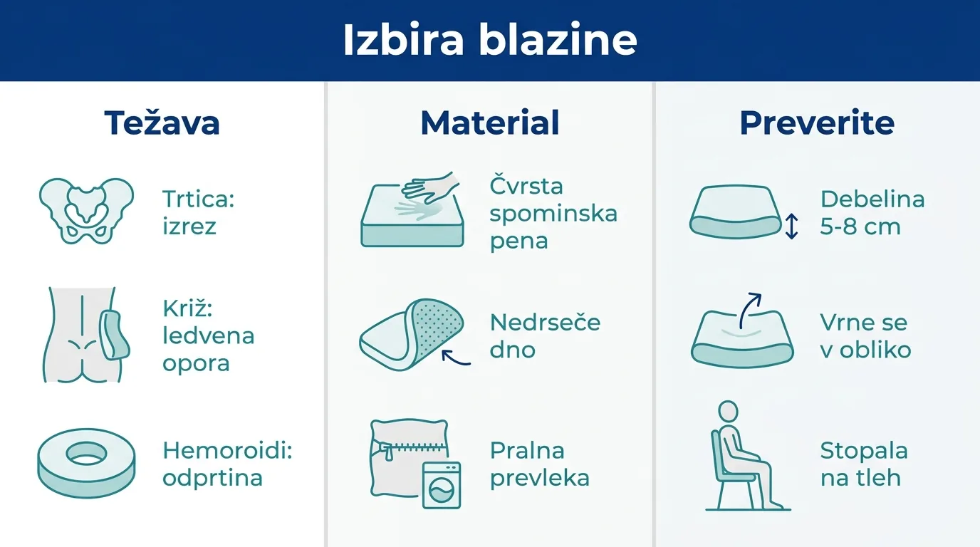 Infografika o izbiri blazine za sedenje glede na težavo, material in merila