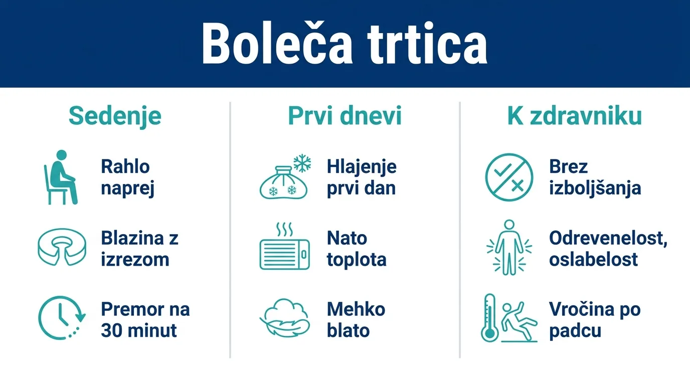 Infografika o bolečini v trtici: kako sedeti, prvi dnevi in kdaj k zdravniku.