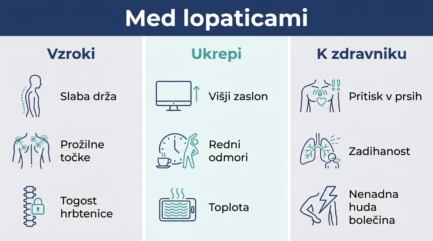 Infografika o vzrokih, ukrepih in opozorilnih znakih pri bolečini med lopaticami