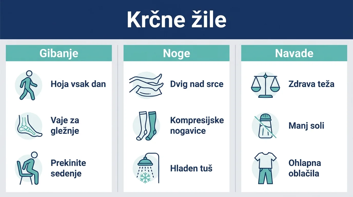 Infografika z domačimi ukrepi za lajšanje krčnih žil