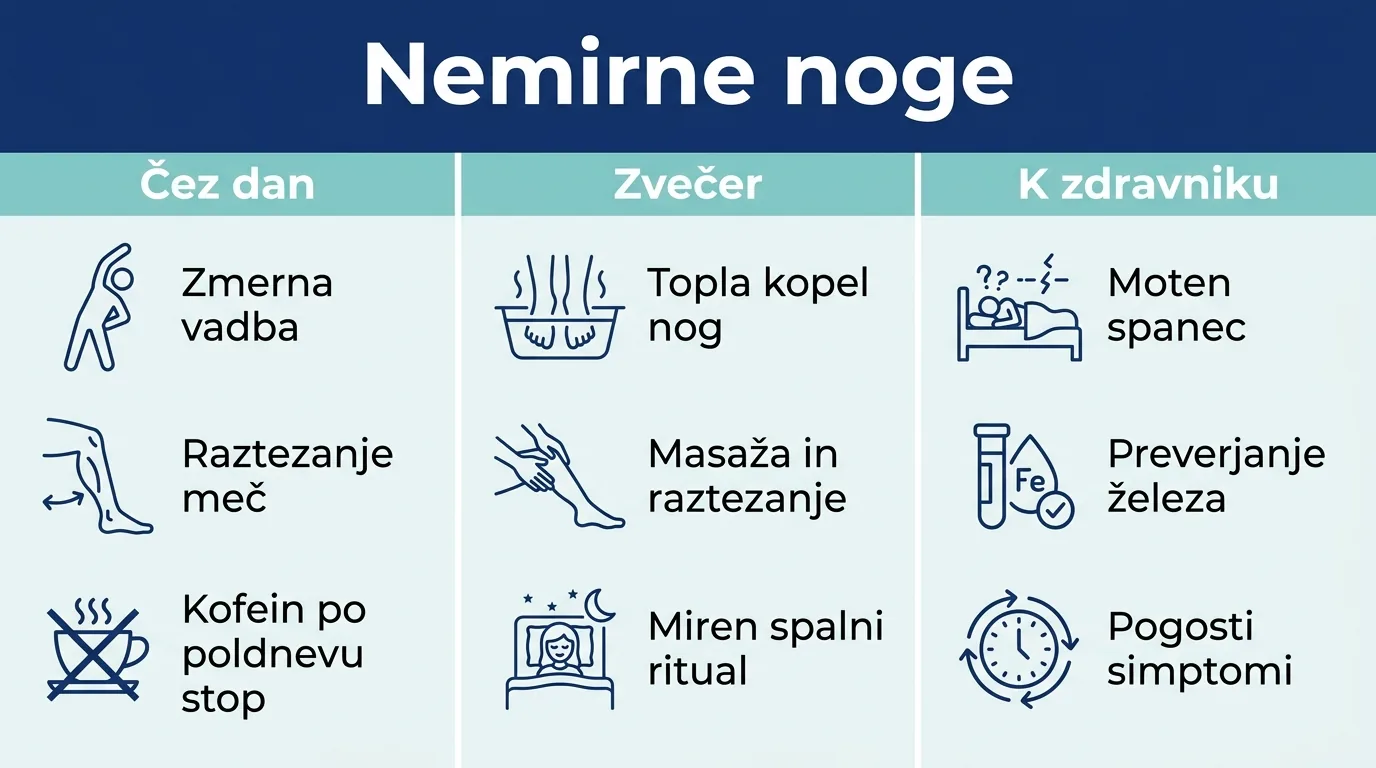 Infografika z ukrepi za sindrom nemirnih nog: čez dan, zvečer in kdaj k zdravniku.