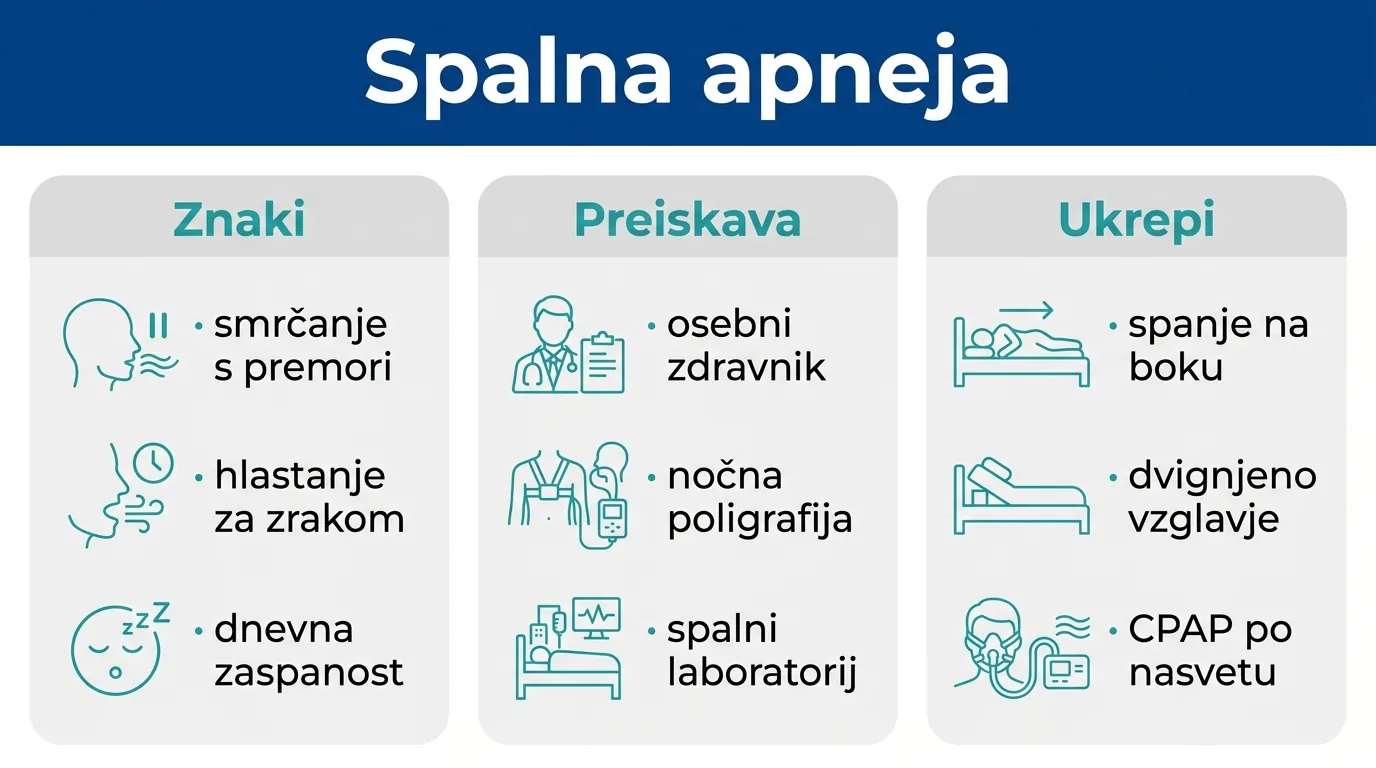 Infografika o znakih, preiskavah in ukrepih pri spalni apneji